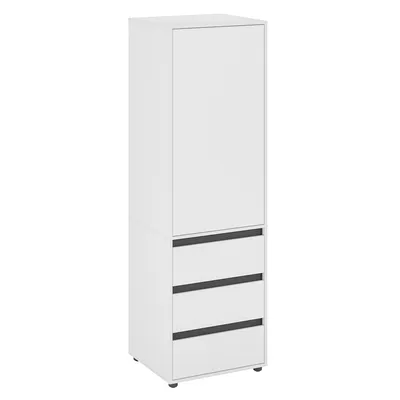 A tall, narrow white cabinet with a single door on top and three drawers below, each with a black handle.
