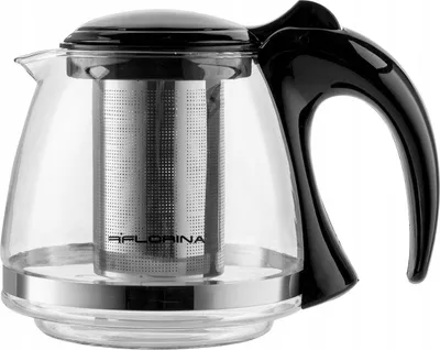 A clear studio shot of a glass teapot with a black handle and lid, featuring a metal infuser basket inside.