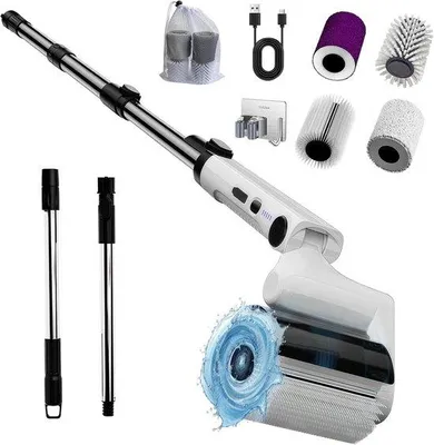 Obrázek produktu pro Elektrický čisticí kartáč – bílý – s nastavitelnou délkou od 35 do 142 cm – s 4 vyměnitelnými hlavicemi – vhodný do koupelny a kuchyně