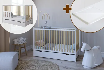 Immagine prodotto di ZEE LUMI Lettino per Bambini Bianco/Naturale 120×60 cm con Materasso, Cassetto e Sponda 2in1, Legno di Pino Massello, EN 716, Set Completo