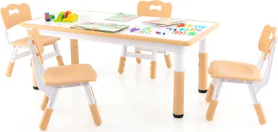 Produktbild von DREAMADE Kindergraffititisch und 4 Stühle Set, Multifunktionales Kleinkinder-Schreibtisch- und Stuhlset für 4 Kinder mit Graffititischplatte(Natur)