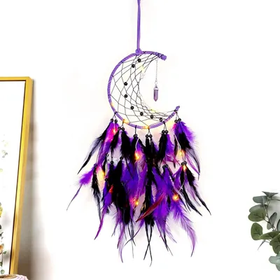 Mond-Traumfänger mit LED, lila-schwarz, Feder-Deko, 55 cm, Wanddeko