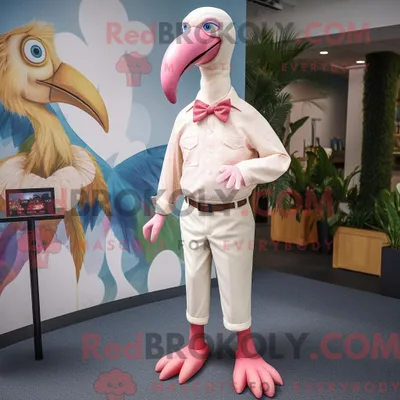 Produktbild von Maskottchen REDBROKOLY eines cremefarbenen Flamingos mit Henley-T-Shirt und Krawatte
