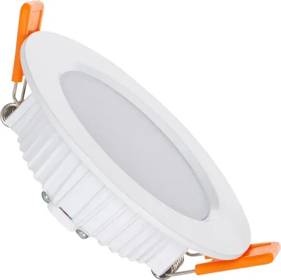 A white LED downlight with orange clips is shown against a white background.