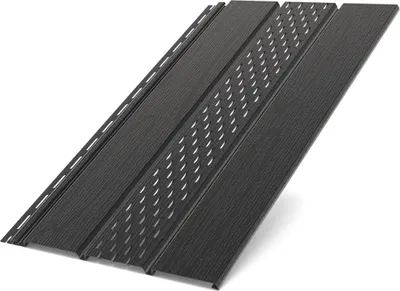 A close-up, angled view of several dark gray plastic siding panels with a wood grain texture and a series of small perforations.