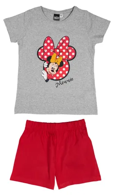 Produktbild von Disney Minnie Mouse Schlafanzug für Mädchen Kinder Pyjama Set Kurzarm Oberteil mit Hose Grau/Rot 122-128
