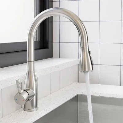 Produktbild von Küchenhahn mit Ausziehbarem Abfluss 360-Grad-Drehbar und 3 Modi - Hochdruck-Spülungsmenghahn Edelstahl-Hahn