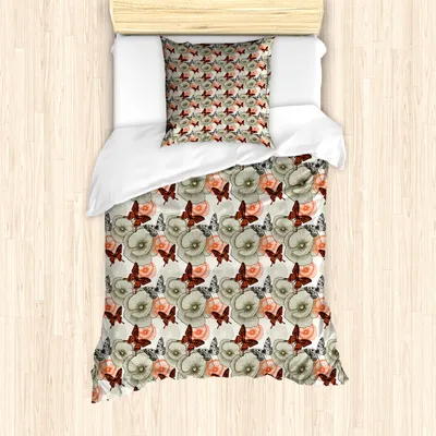 Produktbild von ABAKUHAUS Schmetterling Mantele, Mohnblumen und Schmetterlinge, Milbensicher Allergiker geeignet mit Kissenbezügen, 135 cm x 200 cm - 80 x 80 cm, Orange Schwarz Khaki