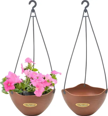 Produktbild von 2er Pack Hängende Blumentöpfe mit Wasserkontrollnetz, 360 Grad Drehung Selbstabsorbierende Blumentopfkorb Plastik Außen Innen Blumenampel Garten Deko, Ziegelrot, Durchmesser 21cm