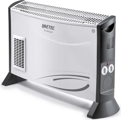 A white and gray electric heater with black feet, shown from a three-quarter angle on a white background.