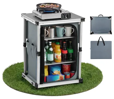 Produktbild von Klappbare Campingküche - Campingschrank mit Tisch - 3 Ablagefächer - MDF-Tischplatte 30 kg Tragkraft - Mit Außentasche - Tragbar Faltbar - Für Camping & Wohnmobil