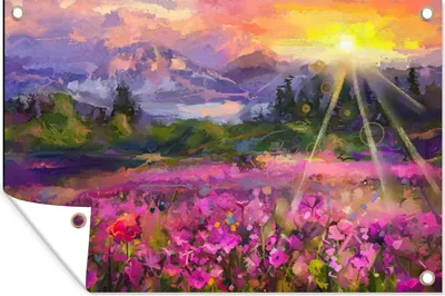 Produktbild von MuchoWow® 90x60 cm Outdoor-Poster Gartendeko Sichtschutz Garten Poster für den Garten  Gemälde - Ölfarbe - Blumen - Natur - Sonne