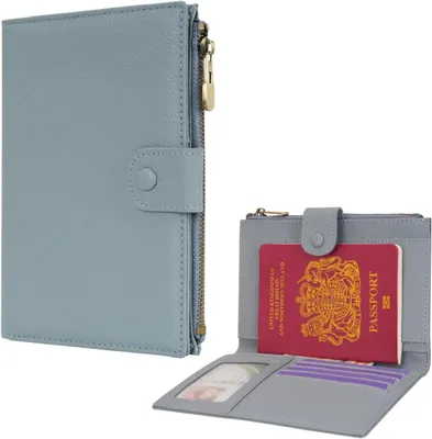 Produktbild von Reisepasshülle aus Leder mit RFID-Schutz und Reißverschlussfach für Ausweis, Bordkarte, Ticket, Bargeld, SD-Karte und Reiseutensilien für Herren (Blau)