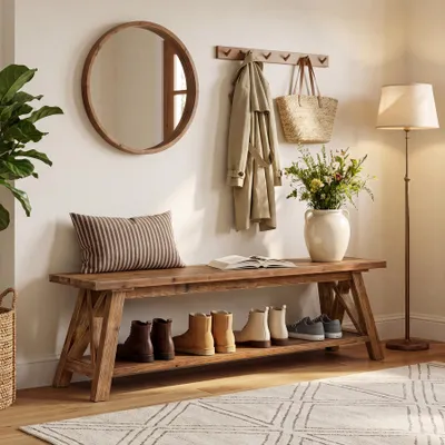Produktbild von Massive Holz-Eingangsbank, 140 cm lange Schuhbank im Landhausstil mit Ablagefach, schmale Sitzbänke, rustikale Sitzbank aus Naturholz für Flur