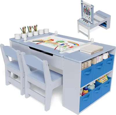 Image de Table et chaises pour enfants - Table d'activités et de bricolage 3 en 1 avec chevalet - Bois - Réglable en hauteur - Chevalet inclinable - 6 boîtes de rangement et 6 pots de peinture - Bleu/gris
