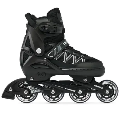 A black inline skate is shown against a white background.