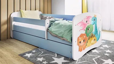 Produktbild von Kinderbett Blau 70x140 80x160 80x180 cm – mit Matratze, Rausfallschutz und Schublade – Jugendbett für Jungen – Stabil und Sicher – Dinosaurier – 140x70 cm, KI-generiertes Bild