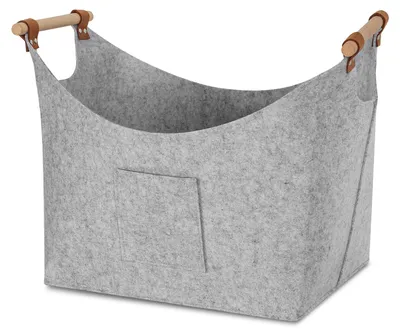 Zdjęcie produktu dla Koszyk na drewno kominkowe Eikuavons, filcowy, 45x40x32 cm, grubość 5 mm, składany, z drewnianymi uchwytami i bocznymi kieszeniami, jasnoszary