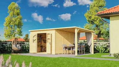 Produktbild von Gartenhaus Konsta Baltrum 2 mit Fußboden und Schleppdach 601 x 306 cm natur