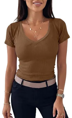 Produktbild von Damen-T-Shirt Bluse Kurzarm Gerippt Basic Casual Braun L