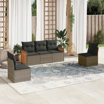 Produktbild von Design 5-tlg. Garten-Sofagarnitur mit Kissen Grau Poly Rattan, Gartenmöbel-Sets 2024 Neu