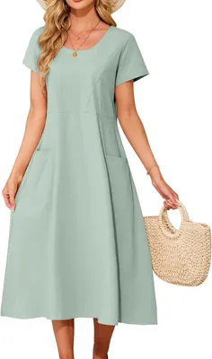 Produktbild von Sommerkleid für Damen aus Baumwolle mit Rundhalsausschnitt und kurzen Ärmeln, Knie-Länge, lockerem Schnitt und Taschen