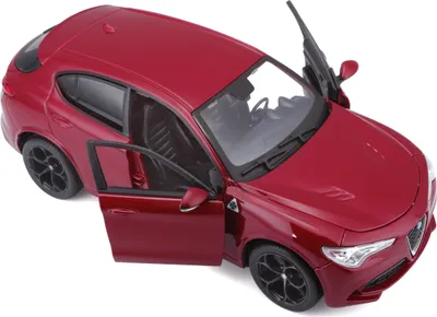 A red Alfa Romeo Stelvio model car with its doors open, shown from a high angle.