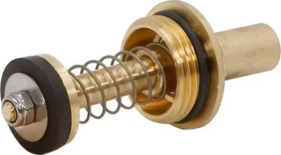 A close-up studio shot of a brass plumbing valve component against a white background.