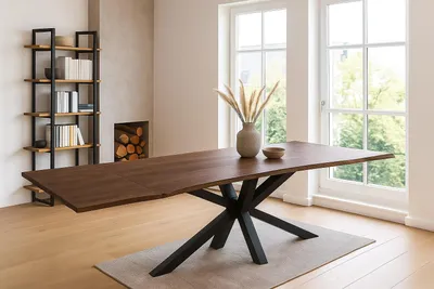 Produktbild von Esstisch 200(300)x100cm mit Ansteckplatten, Baumkante massiv Akazie nougat Spider-Gestell schwarz JANNIK
