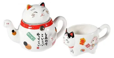 Theeset Maneki Neko Porzellan 1 Kanne + 1 Tasse weiß
