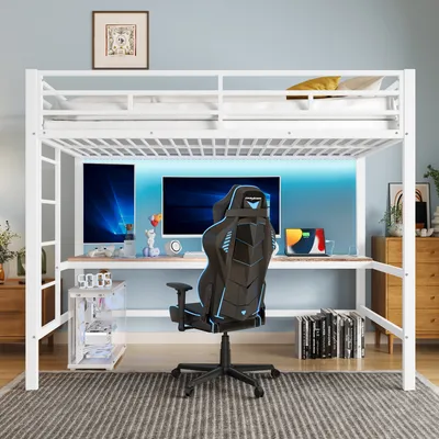 Obrázok produktu pre Flieks poschodová kovová posteľ 90x200cm s funkciou nakladania, podkrovná posteľ pre mladých s LED diódou a stolom, poschodová posteľ s lamelovým roštom, biela