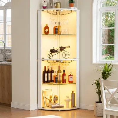Produktbild von Eck-Glasvitrine mit LED-Beleuchtung & 4-stufige Schauvitrine, mit Glashaltern, Weißer Eckschrank mit verstellbaren Regalen für Wohnzimmer, Esszimmer