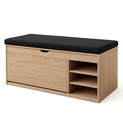 A shoe cabinet with a seat on top, shown against a white background.