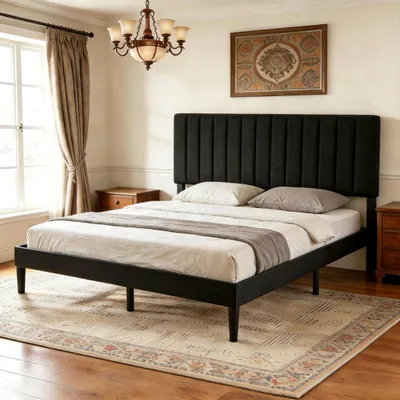 Produktbild von Polsterbett 140x200 cm, Bettgestell mit Höhenverstellbarem Kopfteil und Lattenrost, Stabiler Bettrahmen, Bis 500 kg, Gepolstertes Bett, Schwarz