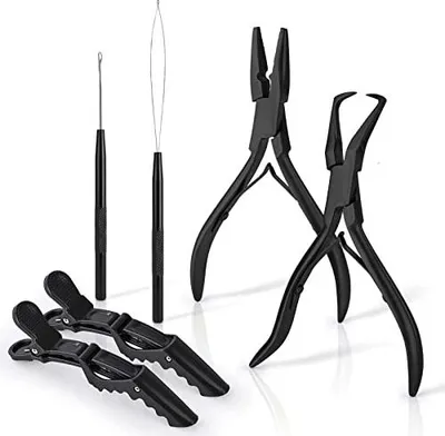 Produktbild von EHDIS Haarverlängerungs Kit, mit 2 Zangen für befestigen und entfernen Microring Extensions, 1 Zughakens, 1 Schlaufeneinfädlers, 2 Haarspangen, Microring Haarverlängerung Set, Schwarz