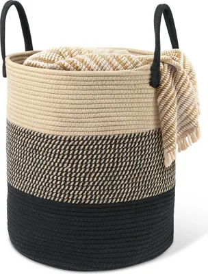 Produktbild von Geflochtene Baumwoll-Wäschekorb - 45 Liter, mit Griff, Wäschesortierer für Waschküche, Kinderzimmer, Badezimmer (beige + schwarz) - 35 x 40 cm.