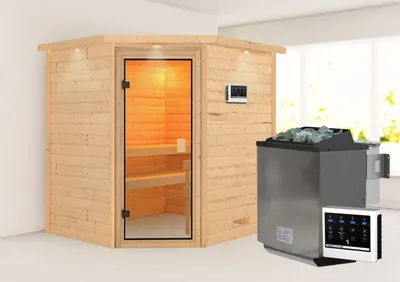 Produktbild von Karibu Sauna Innensauna Mia Eckeinstieg  Ofen 9 kW  externe Strg easy 224x184x202 cm mit Dachkranz  mit Bronzierter Tür
