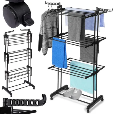 A product image showing a metal drying rack with clothes and towels on it, along with a close-up of a wheel and a separate accessory.