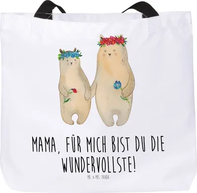 Produktbild von Mr. & Mrs. Panda Strandtasche Bären mit Blumenkranz - Weiß - Geschenk, Reisetasche, Tasche, Mama, Mutter, Tote Bag, Stoffbeutel, Muttertag, Familie, Tochter, Laptoptasche