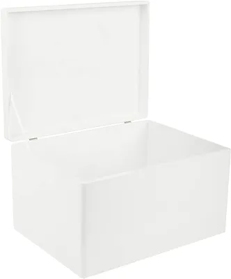 A white wooden storage box with its lid open, shown from a slightly elevated front-left angle against a white background.