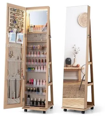 Produktbild von COSTWAY Schmuckschrank Spiegelschrank auf Rollen, Ganzkörperspiegel abschließbar mit LED-Leuchten & verstellbaren Ablagen, Standspiegel Schmuckregal