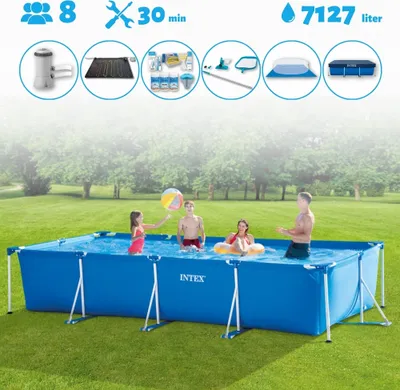Produktbild von Intex-Schwimmbecken mit rechteckigem Rahmen – 450 x 220 x 84 cm – Blau – im Lieferumfang enthalten Abdeckung - Bodenplane - Filterpumpe für Schwimmbad - Solarmatte - Wartungspaket - Reinigungskit
