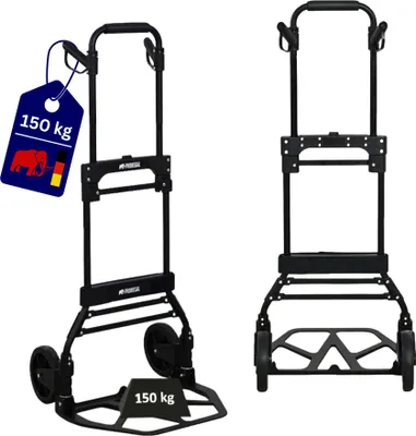 Produktbild von Klappbare Profi-Alu-Sackkarre ELEPHANT | Traglast 150kg | HxBxT 115x50x53cm | Aluminiumrahmen, ergonomische Griffe, pannensichere Vollgummibereifung | Schwarz | Transportkarre Staplerkarre