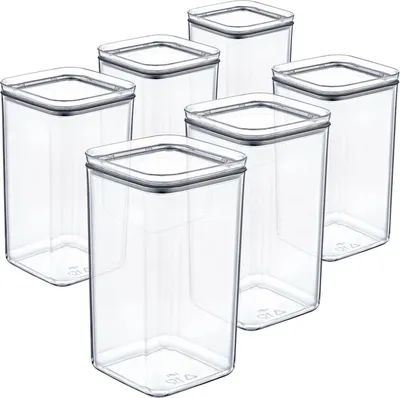 A set of six clear, square food storage containers with gray lids are arranged in a staggered formation against a white background.