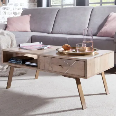 Image de FineBuy Table basse rectangulaire en bois massif de manguier 95cm - Table de salon avec tiroir & compartiment de rangement - style cottage avec pieds métalliques design rétro