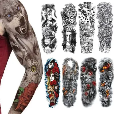 Image de 8 feuilles Full Arm Tatouages Temporaires Hommes Manches Imperméables Faux Warrior Tatouages Autocollants Loup Lion Tigre Plein Grandes Jambes Femmes Rose Tatouages Temporaires Animaux Adultes