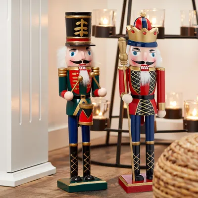 Produktbild von Nussknacker Set "König" + "Trommler" aus Holz, rot/grün, Gr: M, ca. H38cm Weihnachtsdeko Figur
