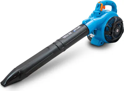 A blue and black leaf blower is shown against a white background.