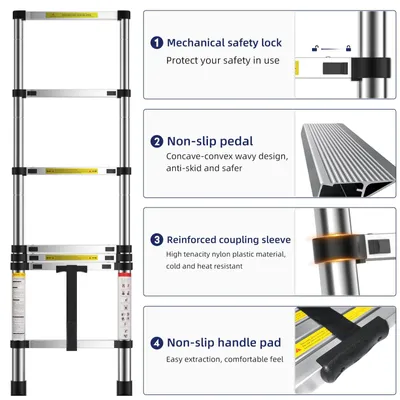 Imagen del producto de Escalera telescópica de aluminio, 2 metros, capacidad de carga de 150 kg, ideal para uso doméstico y camping
