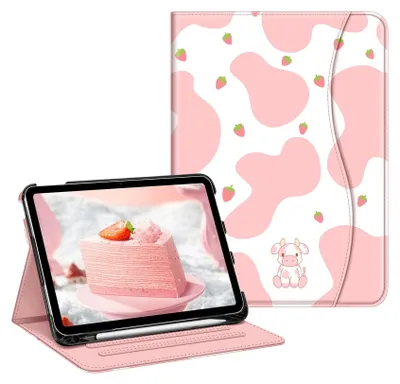 Produktbild von Fintie Hülle für iPad (A16) 11 Generation 11 Zoll 2025, iPad 10 Generation 10.9 Zoll 2022 - Multi-Winkel Folio Schutzhülle mit Pencil Halter, Dokumentenfach und Auto Schlaf/Wach Funktion, Strawberry Cow